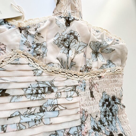 Bohme Pleated Smocked Bustier Tank Cream Blue Floral top Large - Picture 4 of 9